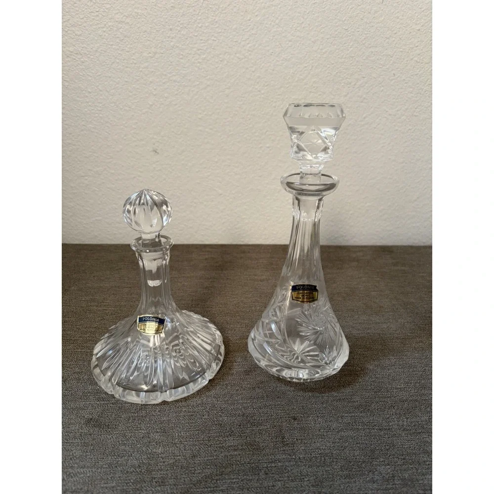 2 Vintage MCM Hand Cut 24% PbO Lead Crystal Decanter Polonia Made In Poland